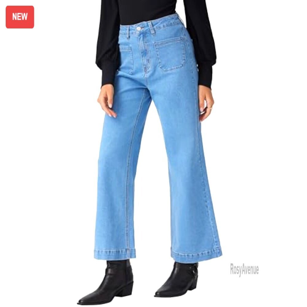 High Waisted Wide Leg Cropped Jeans Stretchy Denim Flared Pants with Pockets - Picture 2 of 6